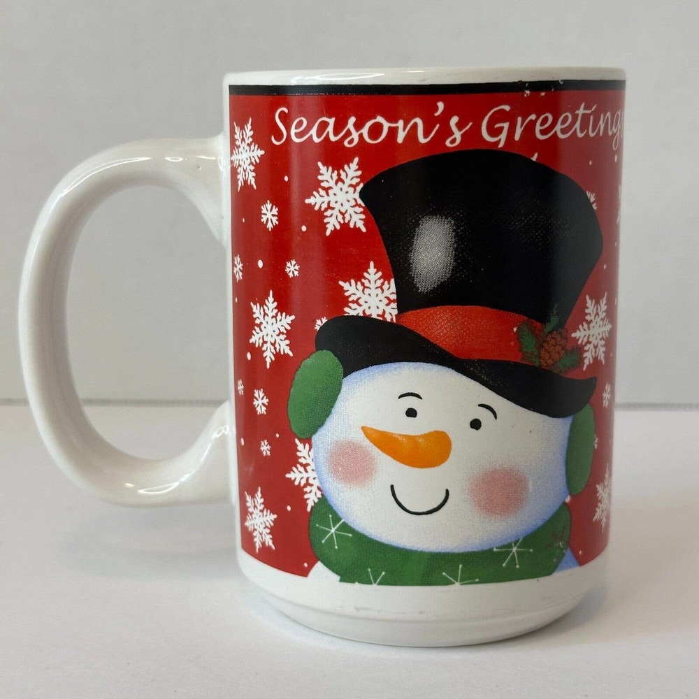Seasons Greetings Snowman Mug/Cup 14oz Red Cup w/ Snowman in Top Hat Snowflake